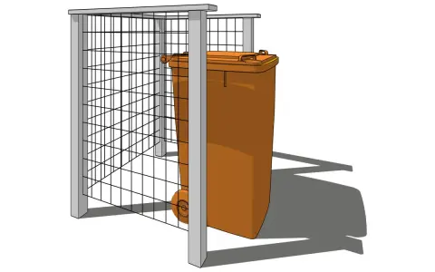 Enkel design för att bygga soptunneskydd med ett ställverk av metall och ett orange sopkärl.
