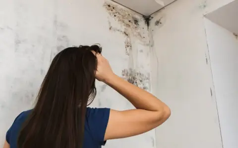 Person ser bekymrad ut vid tydliga tecken på fuktskada i badrummet, med mögel i hörnet.