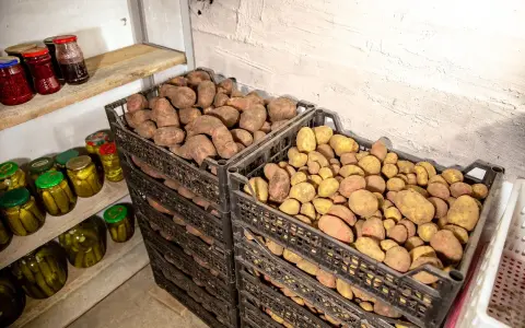 Två staplar svarta plastlådor fyllda med potatis. En hylla med inlagd gurka och sylt står till vänster. Perfekt för att bygga potatislåda.