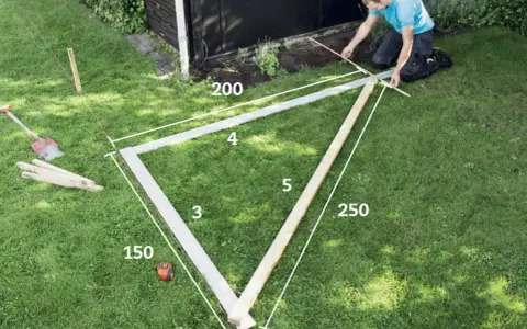 Man mäter upp en 90 grader vinkel bygggrund på gräsmattan med måttband och träreglar.