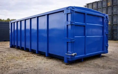 En stor, blank blå container står på grus. Den är redo att måla och förberedd för transport.