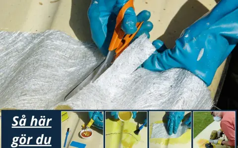 Här visas steg för att laga glasfiber. En person klipper glasfiberväv med en orange sax.