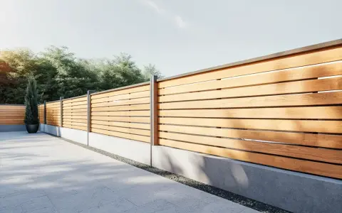 Ett modernt dubbelsidigt plank stående med horisontella träribbor och grå betongfundament. En smal cypress i kruka står vid staketet.