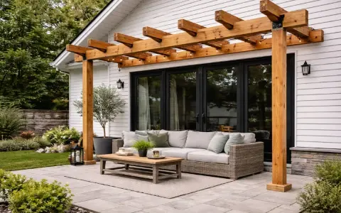 En mysig uteplats med en träpergola, bekväm soffa och ett lågt bord. En vildvin pergola skulle passa perfekt här.