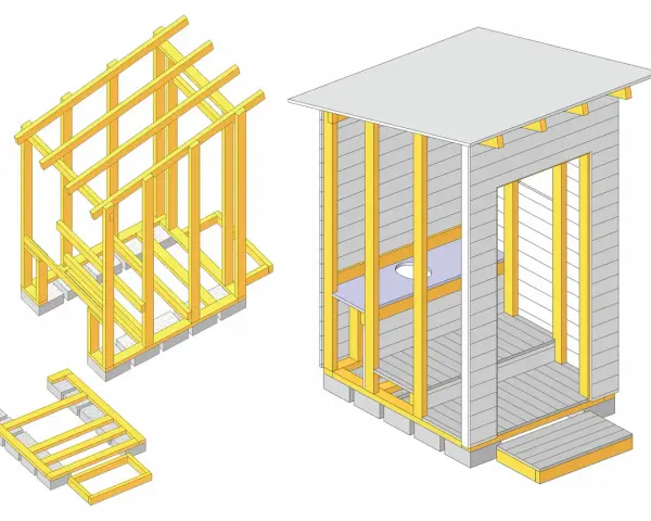 Steg-för-steg illustration av hur man kan bygga utedass. Visar grund, stomme och tak.