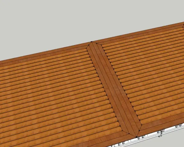 En vy av ett tak med träpanel, en fris trall som löper längs kanten.