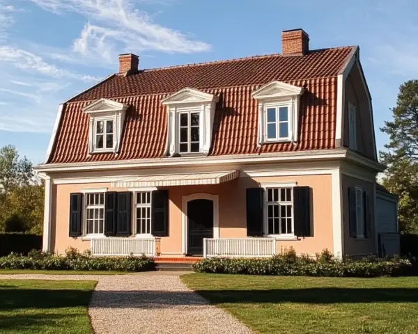 Ett vackert hus med brutet tak och tegeltak. Grönskande trädgård och en grusgång leder fram till entrén.