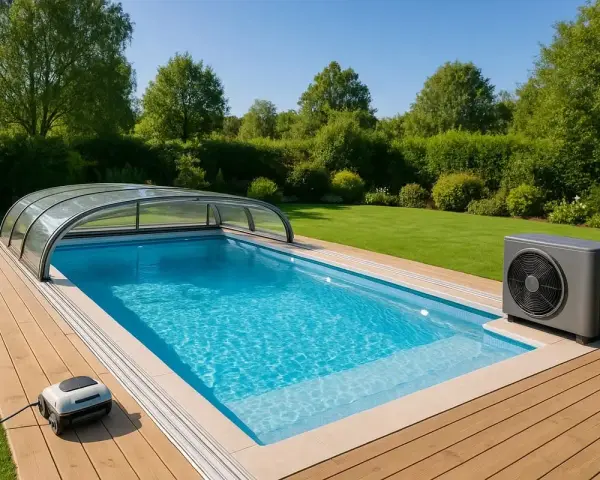 En pool med ett glastak, perfekt för att bygga eget pooltak. En värmepump står bredvid.