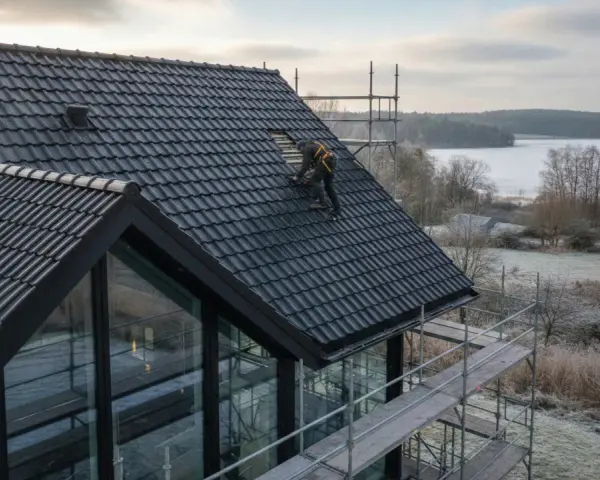 Arbetare på taket av ett modernt hus med svarta takpannor. Vindskivor huset är i fokus. Vinterlandskap med isig sjö i bakgrunden.