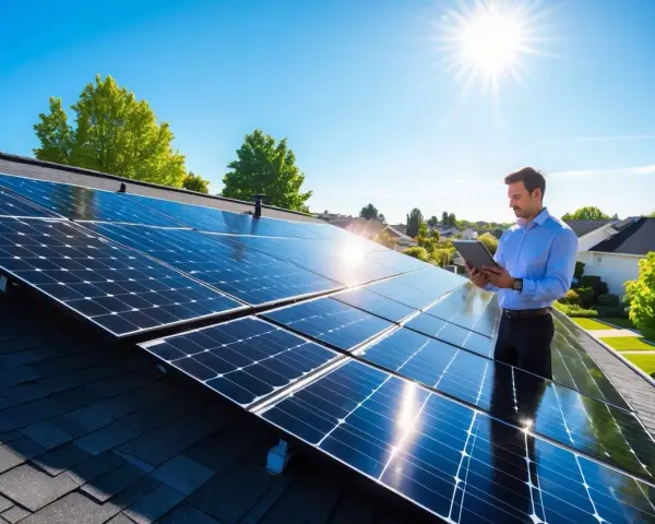 Man på tak med solceller kollar på surfplatta. Undrar du vad kostar 50 kvm solceller?