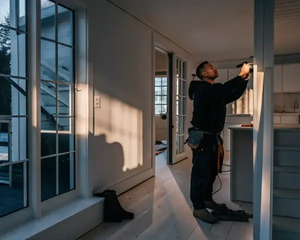 Man arbetar med eldstad inomhus. Solen lyser in genom stora fönster och skapar långa skuggor.