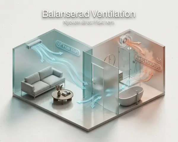 Illustration visar balanserad ventilation i ett hem. Frisk luft tillförs till vardagsrummet, medan fuktig luft från badrummet ventileras ut.