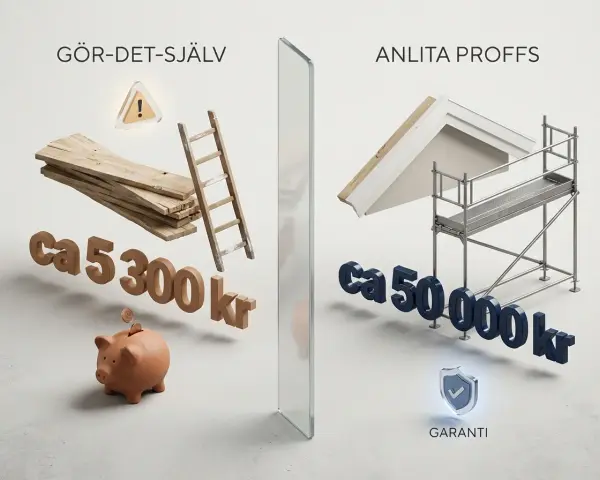Jämförelse av att byta vindskivor själv med material och stege för ca 5300 kr, eller anlita proffs för ca 50 000 kr med garanti.