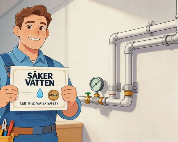 En rörmokare håller upp ett certifikat för "Säker Vatten" bredvid rör med tryckmätare.