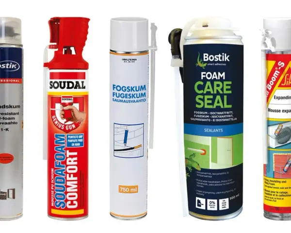 Flera burkar med lågexpanderande fogskum för olika ändamål, som Bostik, Soudal och Sika.
