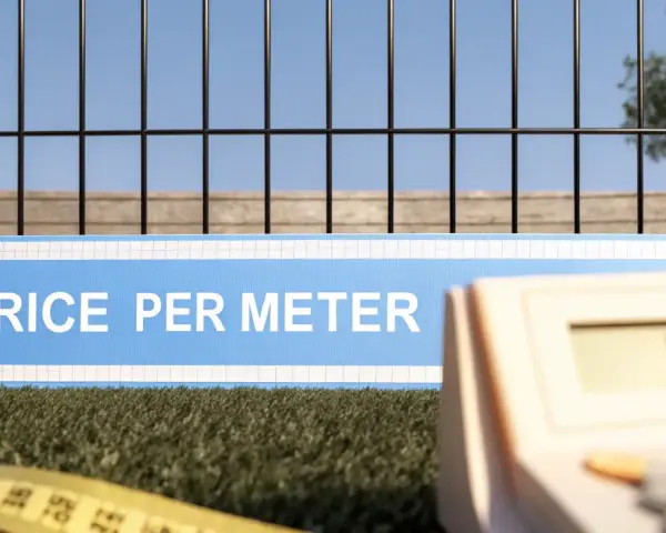 Grönt gräs, ett staket och en kalkylator. Skylten visar "PRICE PER METER", vilket indikerar staket pris per meter.