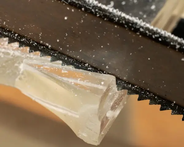 Sågtänder skär genom ett tjockt, klart material. Små bitar av materialet flyger iväg när man kapa plexiglas.
