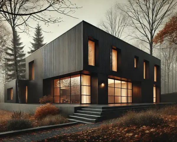 Modern villa i skogen, med stora fönster och mörka fasader. Kanske en framtida stambyte villa?