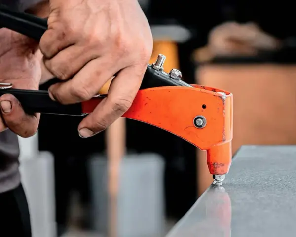 Händer använder en popnittång för att fästa en popnit. Tången är orange och svart, och popniten är silverfärgad. Det här är ett exempel på hur man arbetar med popnit dimensioner.