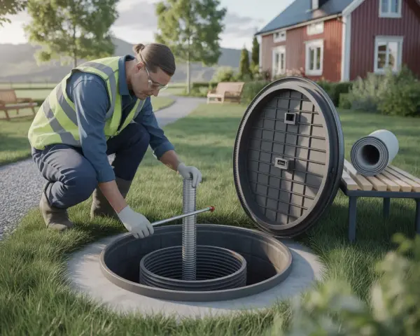 Arbetare inspekterar en trekammarbrunn med infiltration. Ett hus syns i bakgrunden.