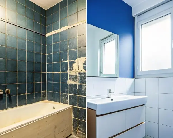 Före- och efterbild på ett badrum. Det gamla, mörka badrummet har renoverats till ett ljust och modernt, handikappanpassat badrum med blå väggar och vitt kakel.