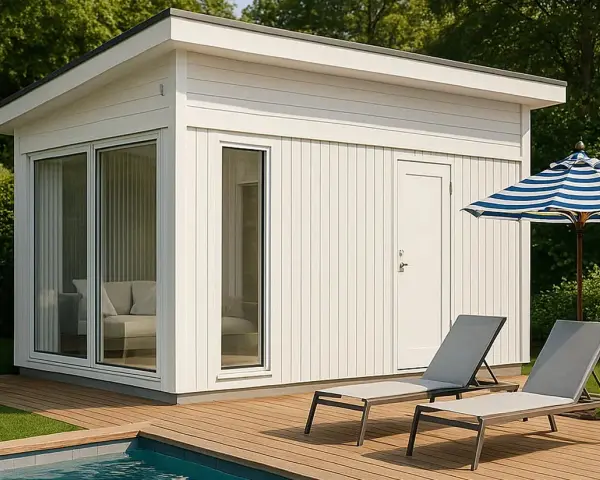 Modernt poolhus med stora fönster och dörr, perfekt för att bygga poolhus. Två solstolar och ett parasoll står på trädäcket.