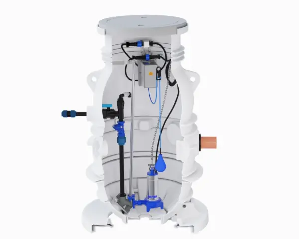 Trekammarbrunn i betong med pump och flottör. En teknisk illustration visar hur systemet fungerar för avloppshantering.