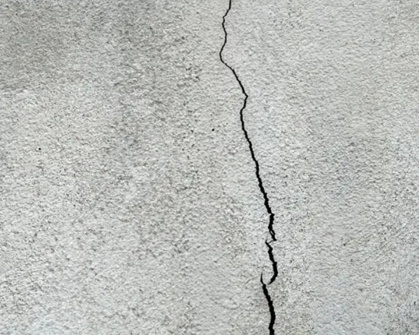 En spricka löper genom en grov, grå putsad fasad. Dags att putsa fasaden för att laga skadan.
