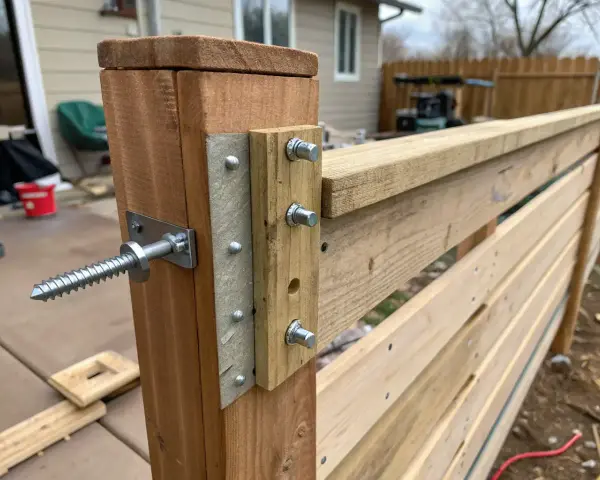 Detaljbild av hur man bygger plank med liggande panel. En kraftig skruv fäster stolpen, medan bultar håller panelen på plats.