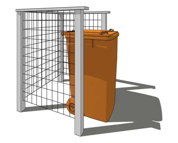 Enkel design för att bygga soptunneskydd med ett ställverk av metall och ett orange sopkärl.