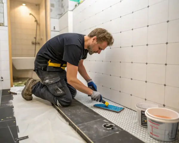 Hantverkare lägger kakel vid golvbrunn, förbereder för att installera badkar.