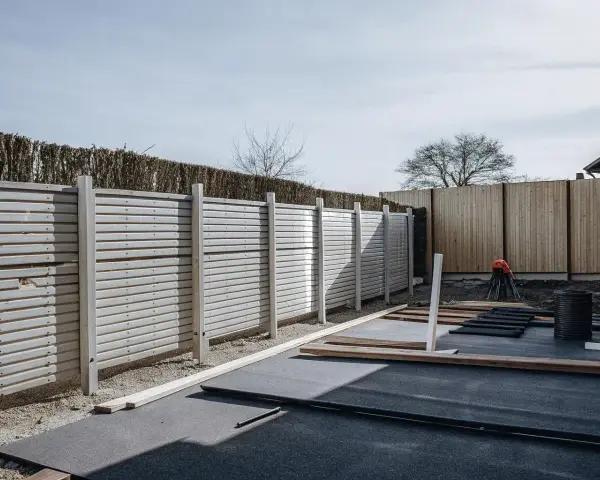 Byggarbetsplats med nya plintar och ett staket som håller på att monteras. Material ligger utspritt på marken.