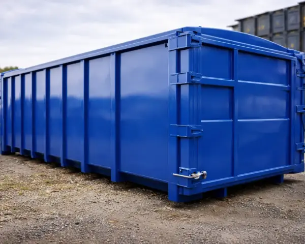 En stor, blank blå container står på grus. Den är redo att måla och förberedd för transport.