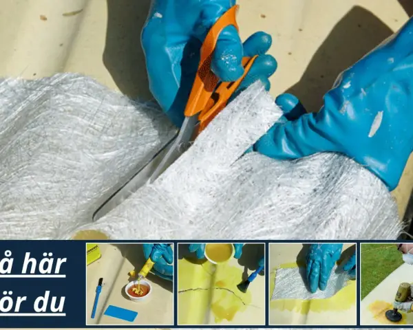 Här visas steg för att laga glasfiber. En person klipper glasfiberväv med en orange sax.