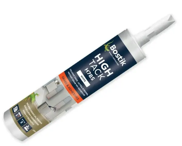 Bostik High Tack H785-tub med starkt lim. Perfekt för montering utan spik. Ger utmärkt fäste och hög styrka.