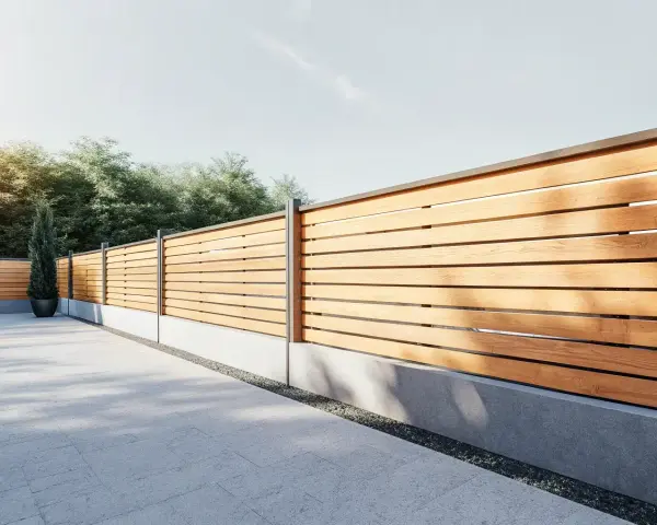 Ett modernt dubbelsidigt plank stående med horisontella träribbor och grå betongfundament. En smal cypress i kruka står vid staketet.