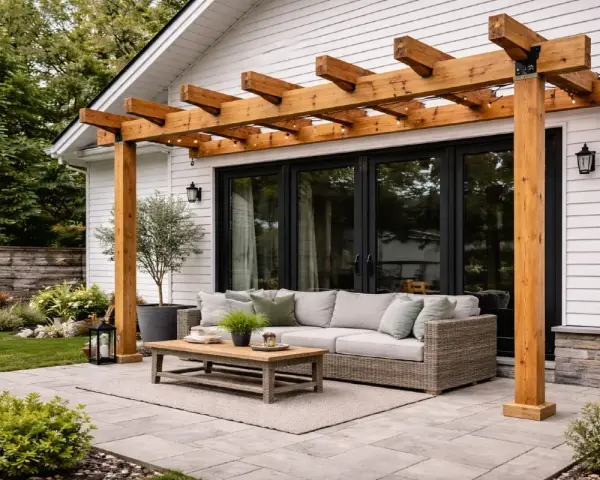 En mysig uteplats med en träpergola, bekväm soffa och ett lågt bord. En vildvin pergola skulle passa perfekt här.
