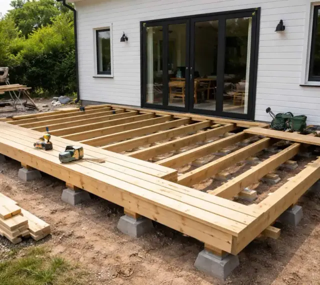 Grundstomme för altan byggs. Träbjälkar på betongplintar, redo att bygga altan. Verktyg ligger redo.