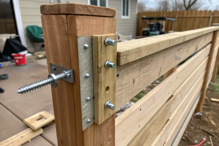 Detaljbild av hur man bygger plank med liggande panel. En kraftig skruv fäster stolpen, medan bultar håller panelen på plats.