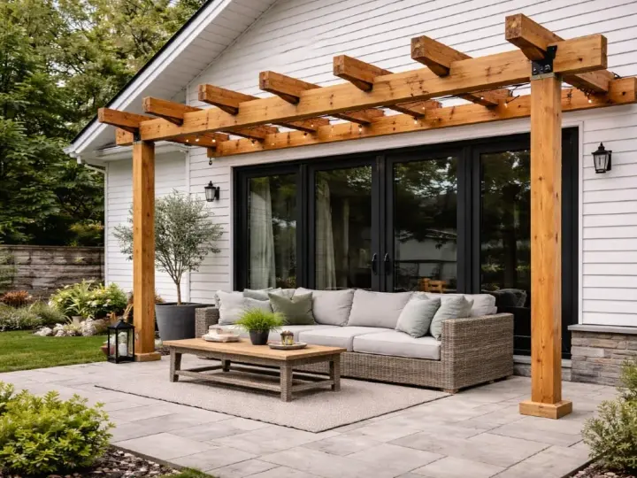En mysig uteplats med en träpergola, bekväm soffa och ett lågt bord. En vildvin pergola skulle passa perfekt här.