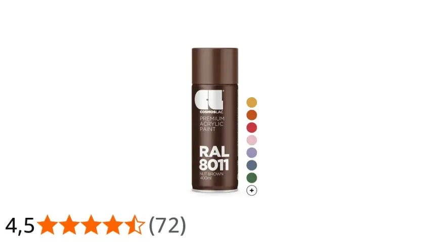 Brun metallsprayburk, Cosmoslac Premium Acrylic Paint, RAL 8011 Nut Brown. Bredvid burken syns en rad färgcirklar.