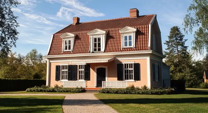 Ett vackert hus med brutet tak och tegeltak. Grönskande trädgård och en grusgång leder fram till entrén.