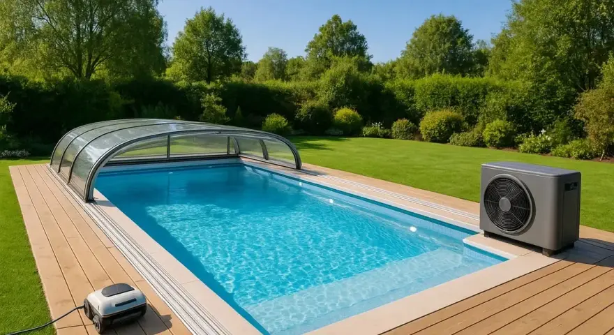 En pool med ett glastak, perfekt för att bygga eget pooltak. En värmepump står bredvid.