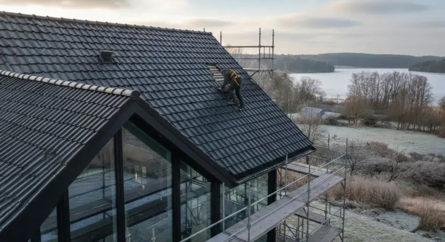 Arbetare på taket av ett modernt hus med svarta takpannor. Vindskivor huset är i fokus. Vinterlandskap med isig sjö i bakgrunden.