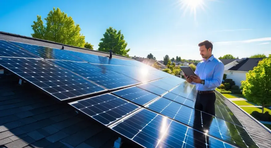 Man på tak med solceller kollar på surfplatta. Undrar du vad kostar 50 kvm solceller?