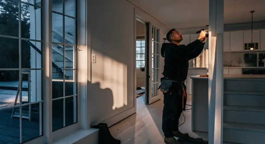 Man arbetar med eldstad inomhus. Solen lyser in genom stora fönster och skapar långa skuggor.