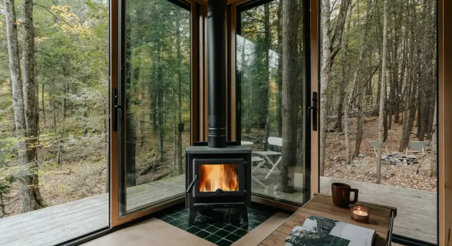 Mysig kamin i skogsstuga, perfekt för att värma sig. Undrar du över installera kamin pris?