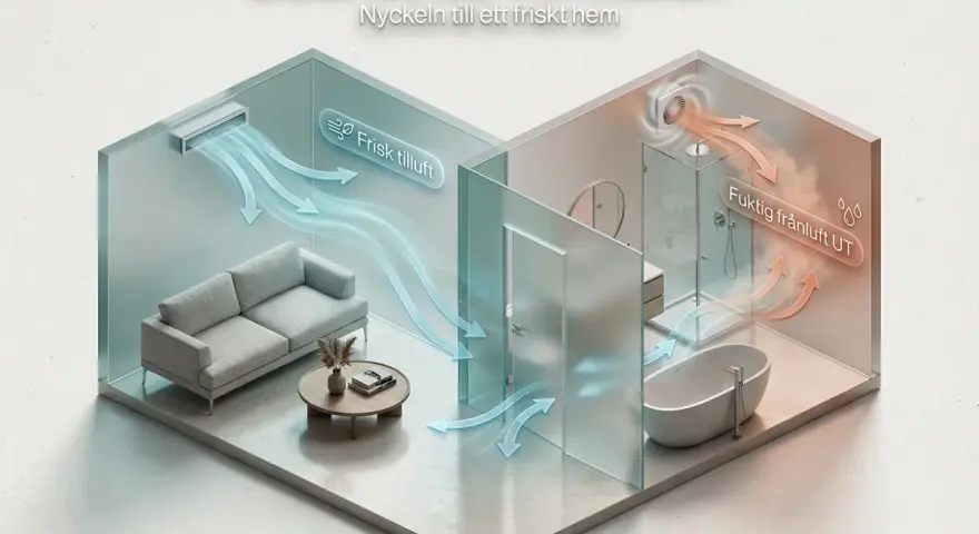 Illustration visar balanserad ventilation i ett hem. Frisk luft tillförs till vardagsrummet, medan fuktig luft från badrummet ventileras ut.