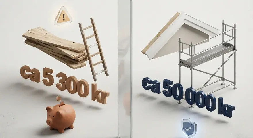 Jämförelse av att byta vindskivor själv med material och stege för ca 5300 kr, eller anlita proffs för ca 50 000 kr med garanti.