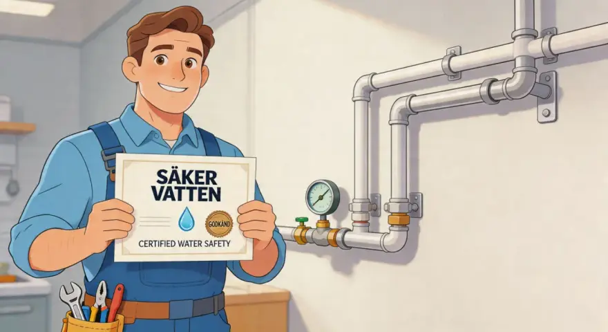 En rörmokare håller upp ett certifikat för "Säker Vatten" bredvid rör med tryckmätare.